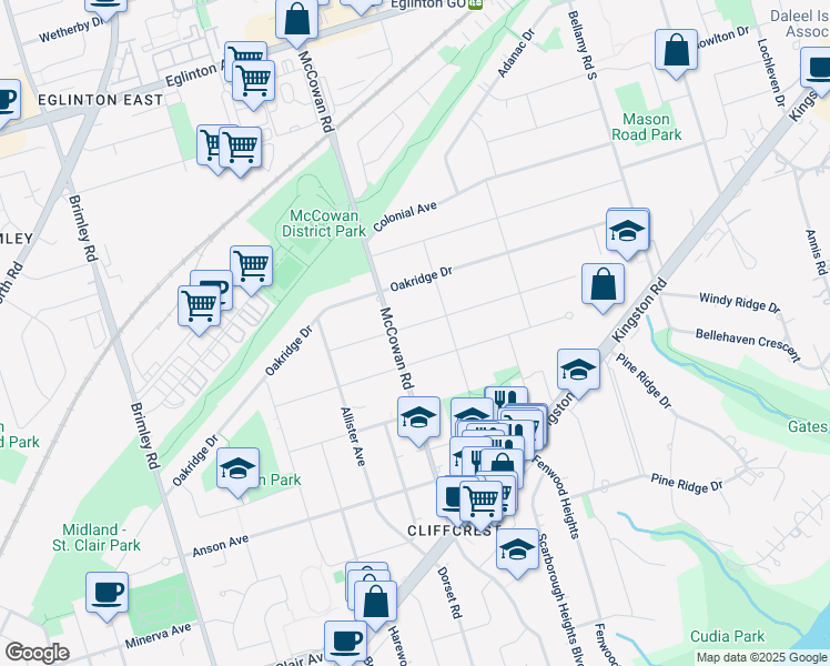map of restaurants, bars, coffee shops, grocery stores, and more near in Toronto