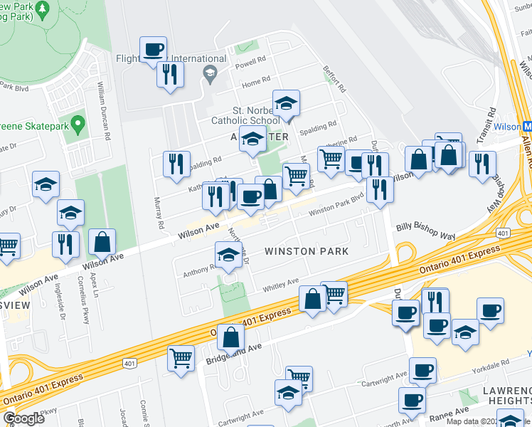 map of restaurants, bars, coffee shops, grocery stores, and more near in Toronto