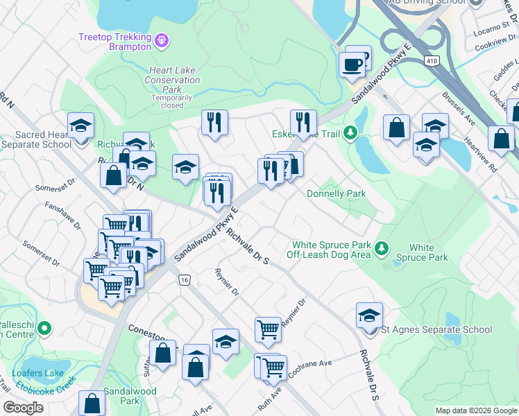 map of restaurants, bars, coffee shops, grocery stores, and more near 34 Peterson Court in Brampton