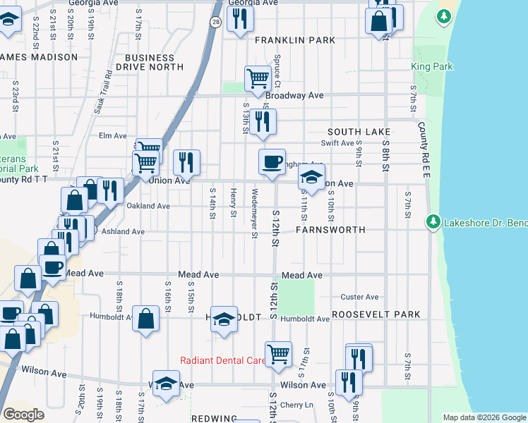 map of restaurants, bars, coffee shops, grocery stores, and more near 2134 South 12th Street in Sheboygan