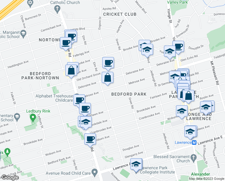 map of restaurants, bars, coffee shops, grocery stores, and more near 203 Melrose Avenue in Toronto