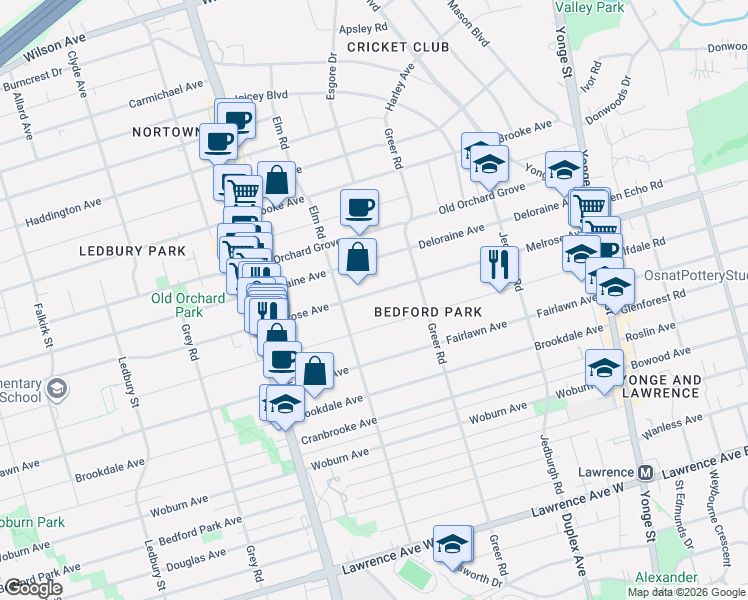 map of restaurants, bars, coffee shops, grocery stores, and more near 203 Melrose Avenue in Toronto
