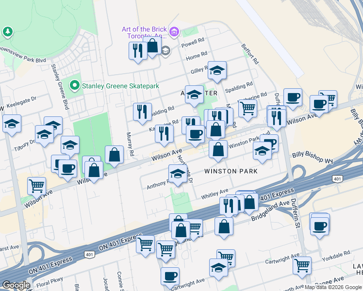 map of restaurants, bars, coffee shops, grocery stores, and more near 881 Wilson Avenue in Toronto
