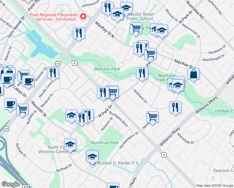 map of restaurants, bars, coffee shops, grocery stores, and more near 14 Morado Court in Brampton