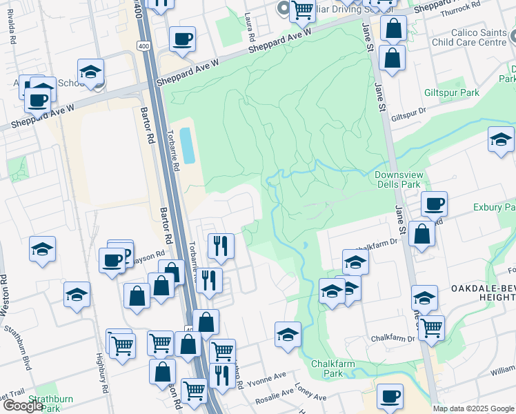 map of restaurants, bars, coffee shops, grocery stores, and more near 119 Fred Young Drive in Toronto