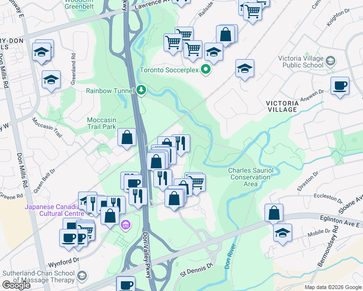 map of restaurants, bars, coffee shops, grocery stores, and more near 7 Concorde Place in Toronto