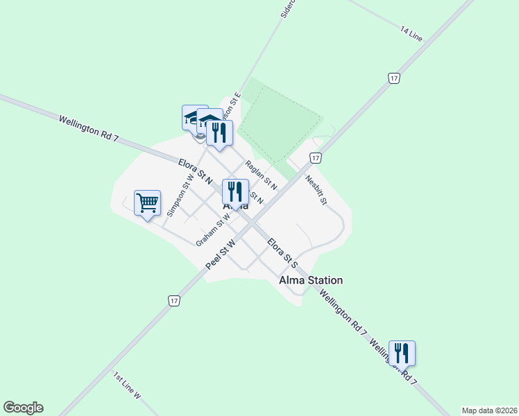 map of restaurants, bars, coffee shops, grocery stores, and more near 8 Peel Street East in Alma