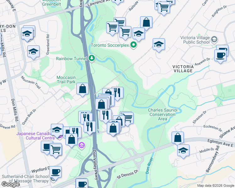 map of restaurants, bars, coffee shops, grocery stores, and more near 7 Concorde Place in Toronto
