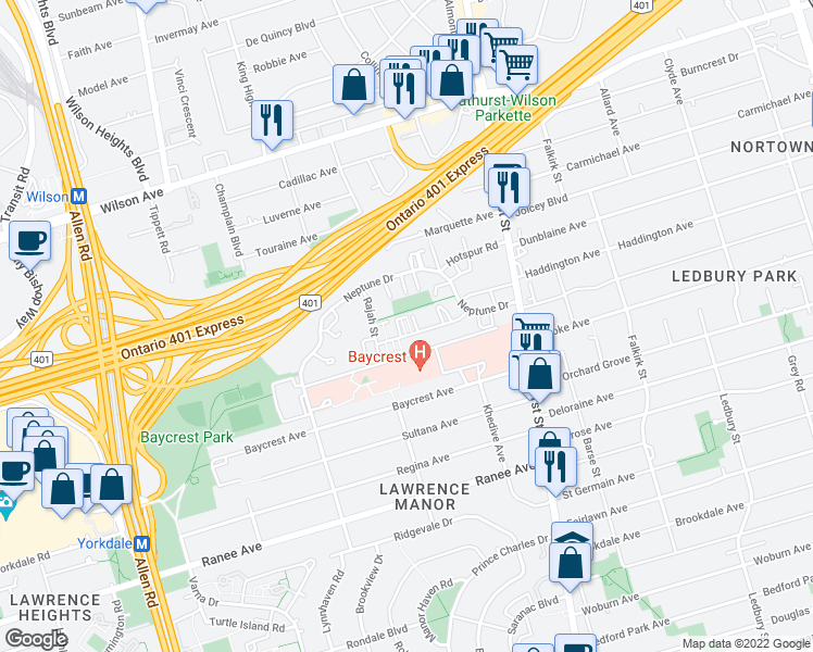 map of restaurants, bars, coffee shops, grocery stores, and more near 32 Wasdale Crescent in Toronto