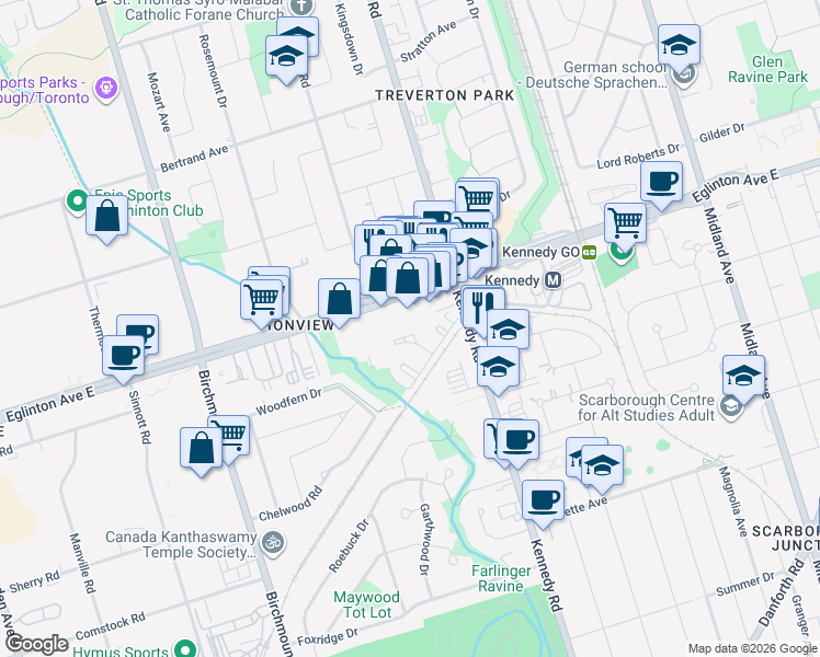map of restaurants, bars, coffee shops, grocery stores, and more near 740 Kennedy Road in Toronto