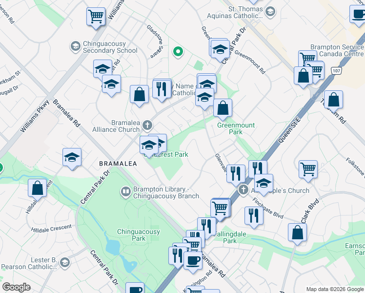 map of restaurants, bars, coffee shops, grocery stores, and more near 42 Glenmore Crescent in Brampton