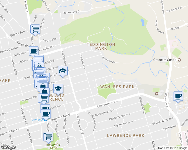 map of restaurants, bars, coffee shops, grocery stores, and more near in Toronto