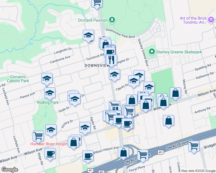 map of restaurants, bars, coffee shops, grocery stores, and more near in Toronto