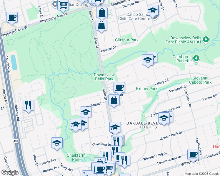 map of restaurants, bars, coffee shops, grocery stores, and more near 2415 Jane Street in Toronto