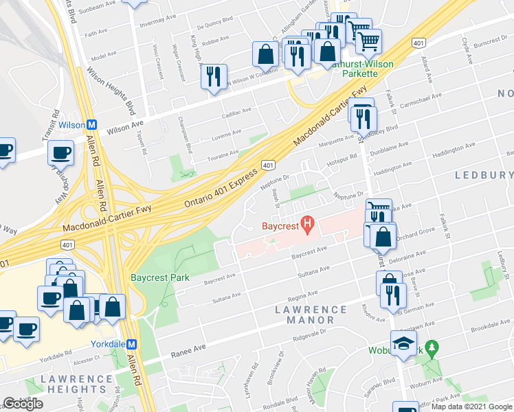 map of restaurants, bars, coffee shops, grocery stores, and more near 125 Neptune Drive in Toronto