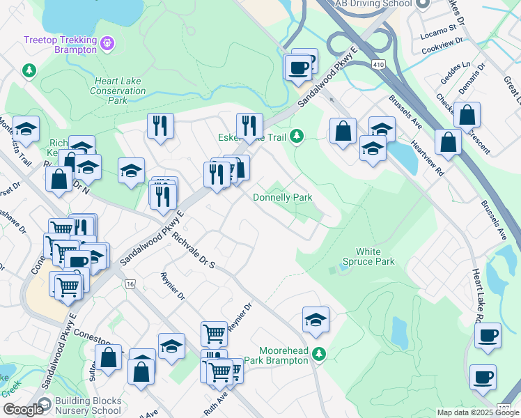 map of restaurants, bars, coffee shops, grocery stores, and more near Barr Crescent in Brampton
