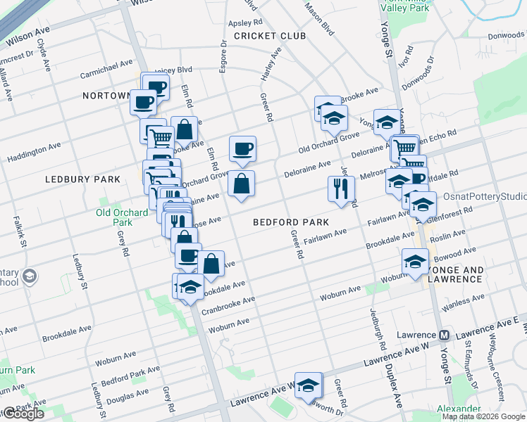 map of restaurants, bars, coffee shops, grocery stores, and more near 185 Melrose Avenue in Toronto