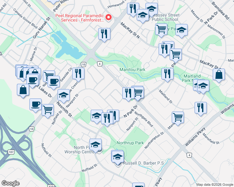 map of restaurants, bars, coffee shops, grocery stores, and more near 21 Nottingham Crescent in Brampton
