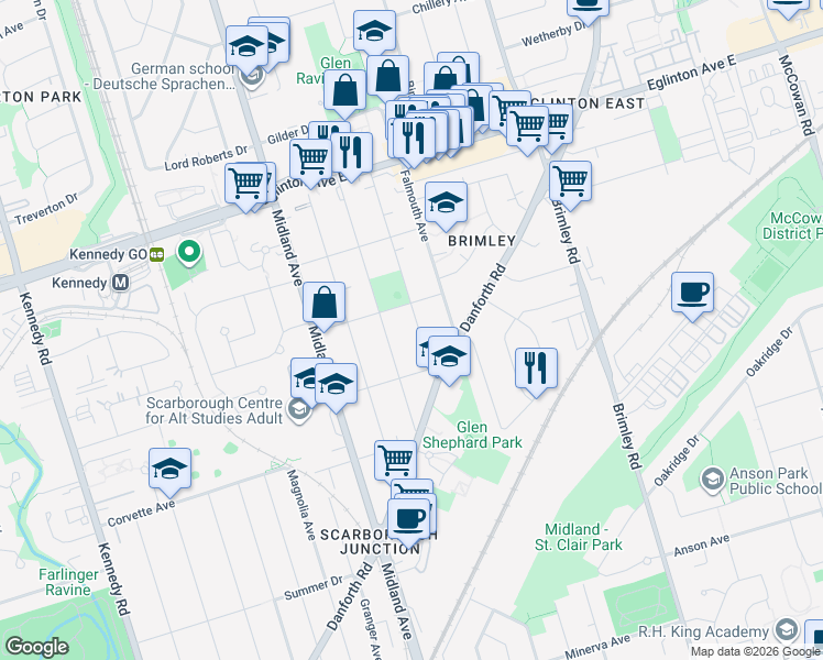 map of restaurants, bars, coffee shops, grocery stores, and more near 26 Winter Avenue in Toronto