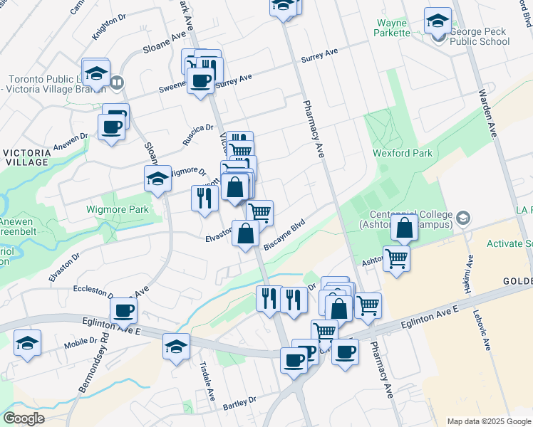 map of restaurants, bars, coffee shops, grocery stores, and more near 22 Shangarry Drive in Toronto
