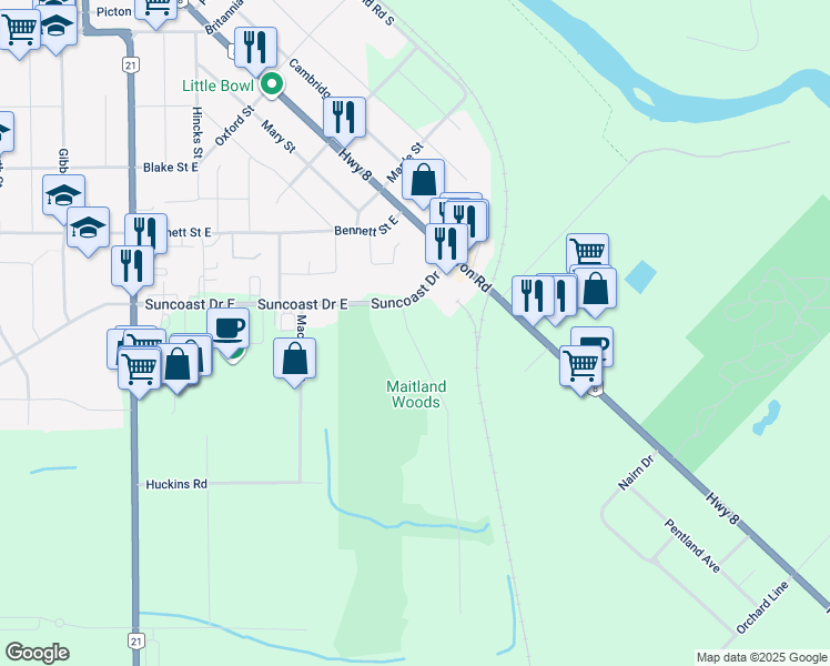 map of restaurants, bars, coffee shops, grocery stores, and more near 371 Parsons Court in Goderich