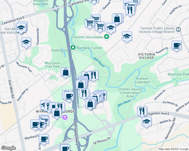 map of restaurants, bars, coffee shops, grocery stores, and more near 7 Concorde Place in Toronto
