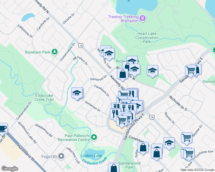 map of restaurants, bars, coffee shops, grocery stores, and more near 48 Thatcher Court in Brampton