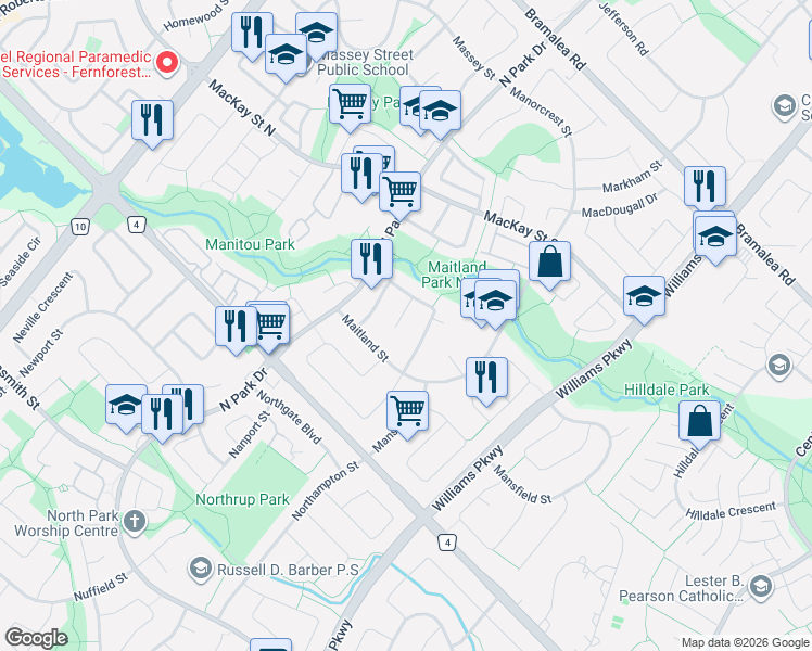 map of restaurants, bars, coffee shops, grocery stores, and more near 38 Medici Place in Brampton