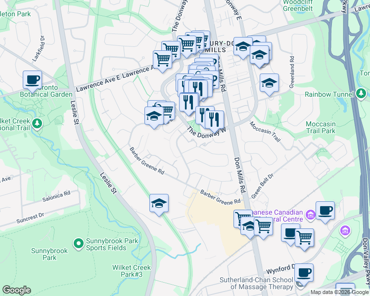 map of restaurants, bars, coffee shops, grocery stores, and more near 2 Cottonwood Drive in Toronto