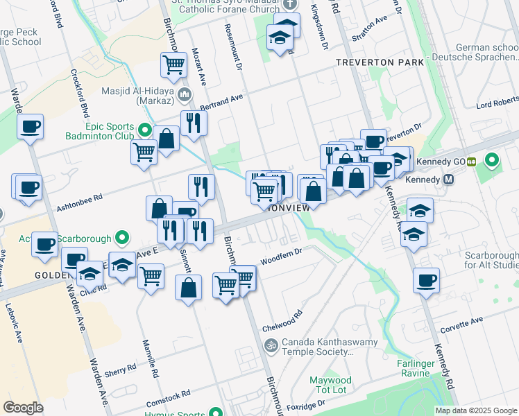 map of restaurants, bars, coffee shops, grocery stores, and more near 2296 Eglinton Avenue East in Toronto