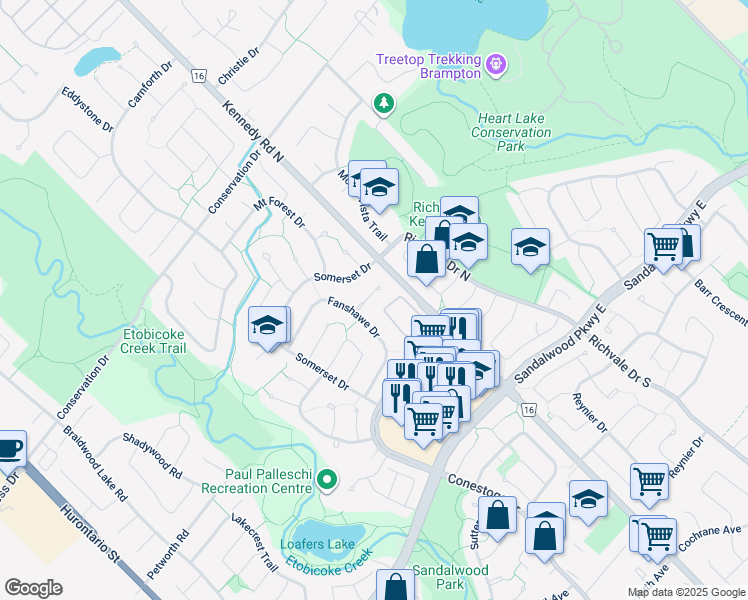map of restaurants, bars, coffee shops, grocery stores, and more near 46 Thatcher Court in Brampton