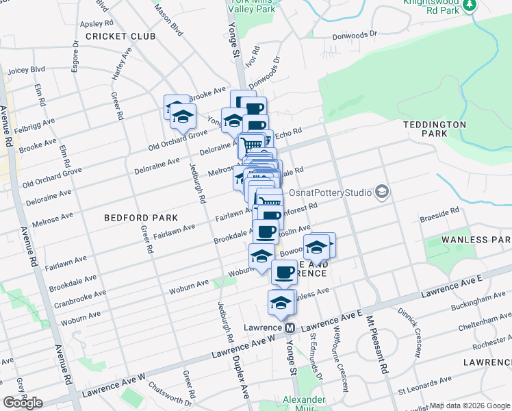 map of restaurants, bars, coffee shops, grocery stores, and more near in Toronto