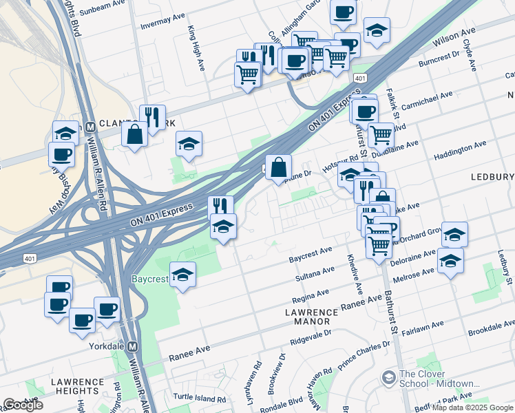map of restaurants, bars, coffee shops, grocery stores, and more near 120 Neptune Drive in Toronto