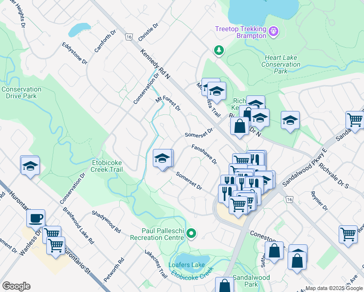 map of restaurants, bars, coffee shops, grocery stores, and more near in Brampton