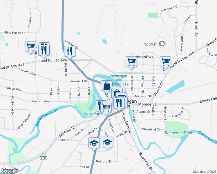 map of restaurants, bars, coffee shops, grocery stores, and more near 231 Broadway Street in Sheboygan Falls