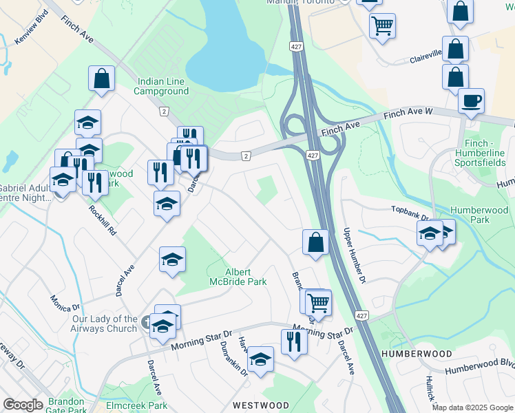 map of restaurants, bars, coffee shops, grocery stores, and more near 7378 Finery Crescent in Mississauga
