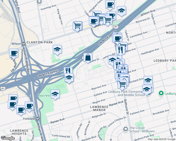 map of restaurants, bars, coffee shops, grocery stores, and more near 106 Rajah Street in Toronto
