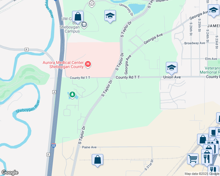 map of restaurants, bars, coffee shops, grocery stores, and more near 2137 South Taylor Drive in Sheboygan