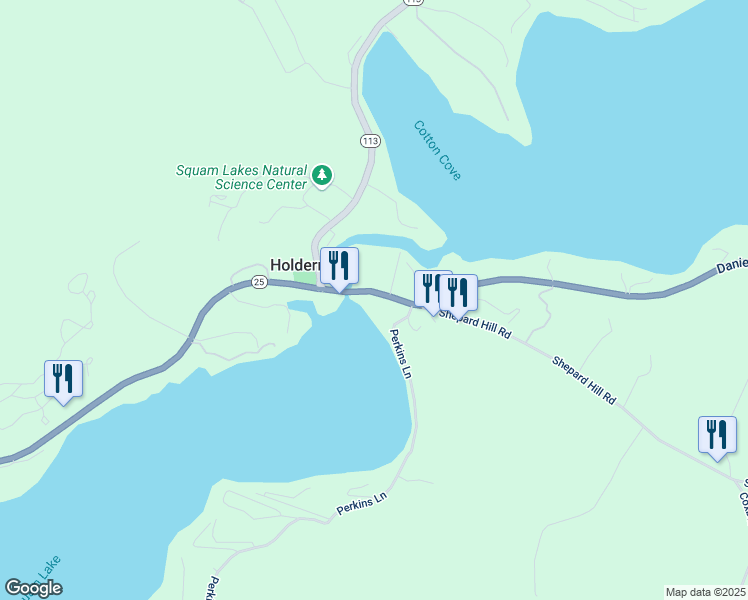 map of restaurants, bars, coffee shops, grocery stores, and more near 16 Perkins Lane in Holderness