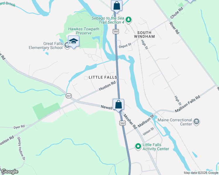 map of restaurants, bars, coffee shops, grocery stores, and more near 265 Huston Road in Gorham