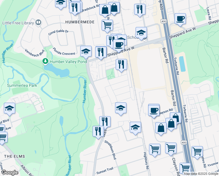 map of restaurants, bars, coffee shops, grocery stores, and more near 44 Mary Chapman Boulevard in Toronto