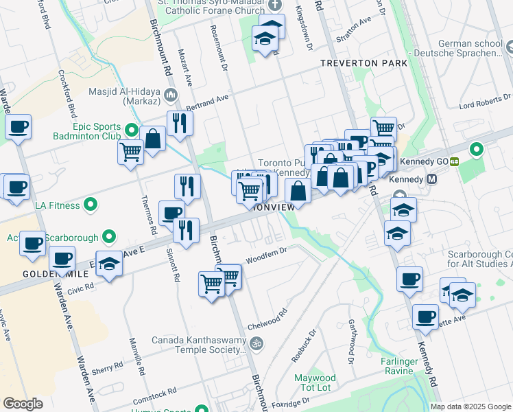map of restaurants, bars, coffee shops, grocery stores, and more near 2306 Eglinton Avenue East in Toronto