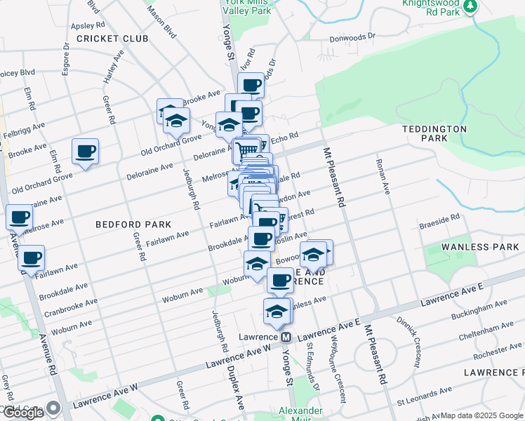 map of restaurants, bars, coffee shops, grocery stores, and more near 3331 A Yonge Street in Toronto