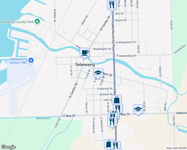 map of restaurants, bars, coffee shops, grocery stores, and more near 125 East Grove Street in Sebewaing