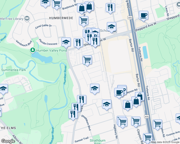 map of restaurants, bars, coffee shops, grocery stores, and more near 48 Lou Pomanti Street in Toronto