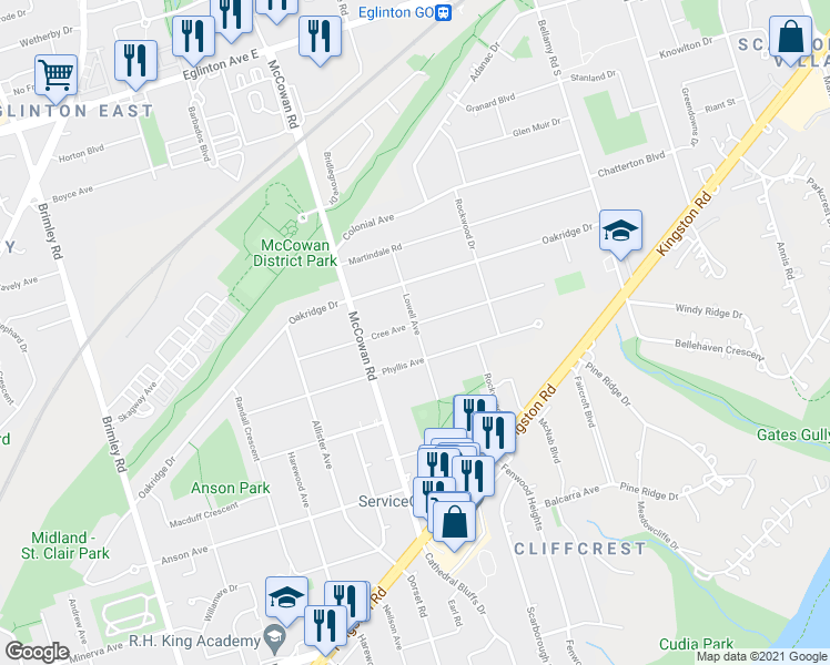 map of restaurants, bars, coffee shops, grocery stores, and more near 45 Cree Avenue in Toronto