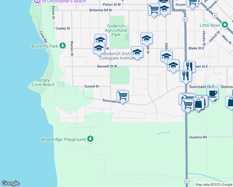 map of restaurants, bars, coffee shops, grocery stores, and more near 340 Oak Street in Goderich
