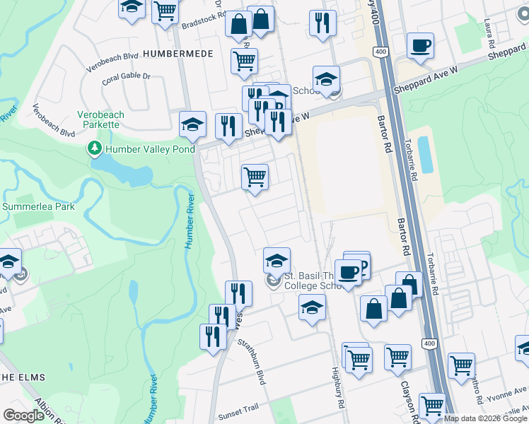 map of restaurants, bars, coffee shops, grocery stores, and more near 194 Bob Yuill Drive in Toronto
