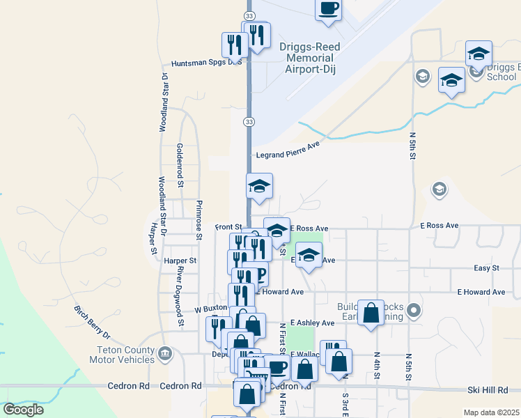 map of restaurants, bars, coffee shops, grocery stores, and more near 555 East Ross Avenue in Driggs