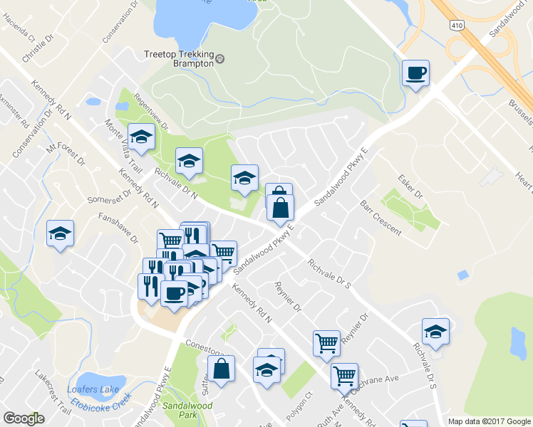 map of restaurants, bars, coffee shops, grocery stores, and more near 40 Peggy Court in Brampton